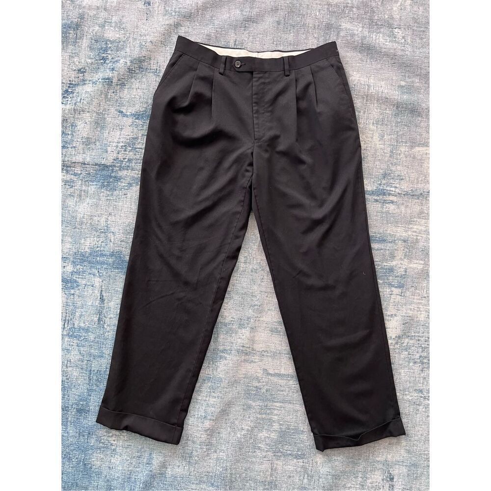 Chaps Black 100% Wool Pleated Front Cuffed Hem Slacks 34 x 30